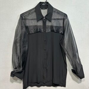 SHAN Sheer Organza Panel Button Down Shirt Womens Black Blouse evening event